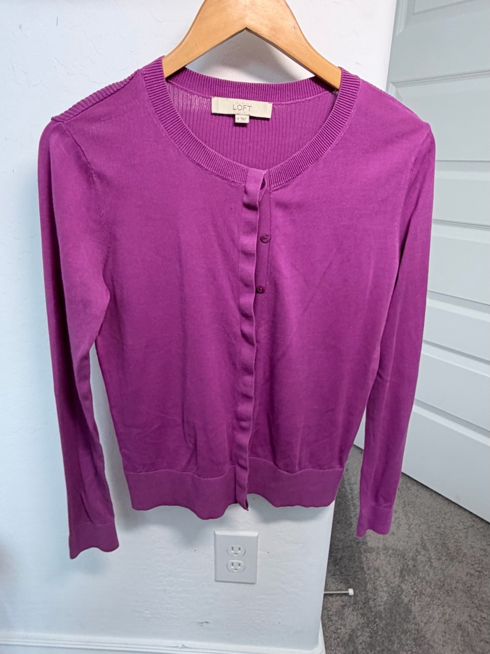 LOFT Magenta Crewneck Button-Front Cardigan